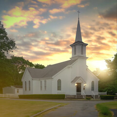 AI-generated illustration of a white church with a steeple at sunrise