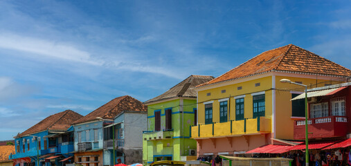 Colorful streets with colonial era houses around the market in São Tomé, São Tomé and Principe...