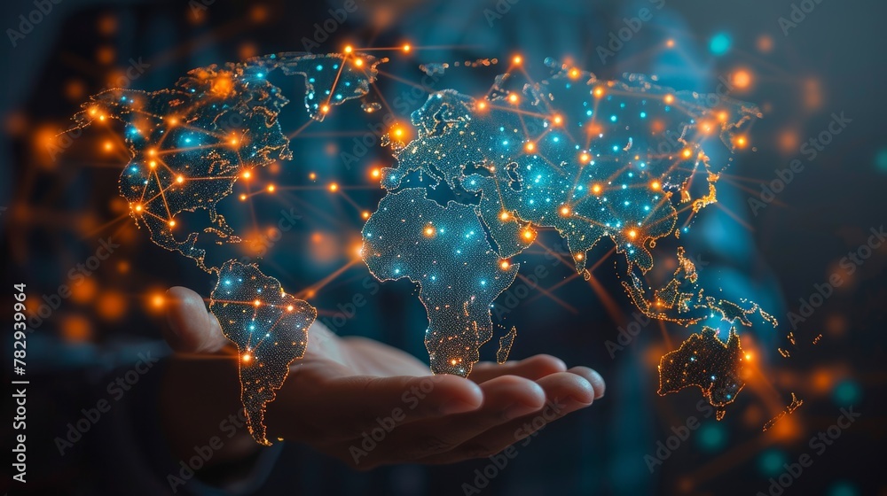 Poster Global network connection. Business intelligence concept. World map points and lines composition concept. Digital link technology.