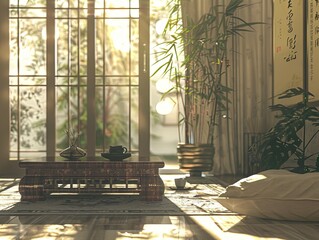 an oriental style room with sunlight coming through the windows and the floor