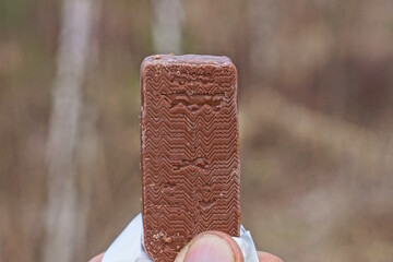 hand holding one brown chocolate bar outdoors on gray background