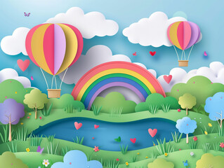 Fototapeta na wymiar Abstract of nature landscape view scene with cloud, pond, rainbow and heart shape hot air balloons float up on sky