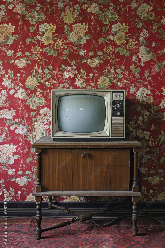 Aufkleber old tv set on rustic table, perfect for retro design projects