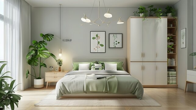 A modern and minimalist style bedroom, white cabinet door with light green pastel color bed linen, children's illustration design on the head of the soft sofa.