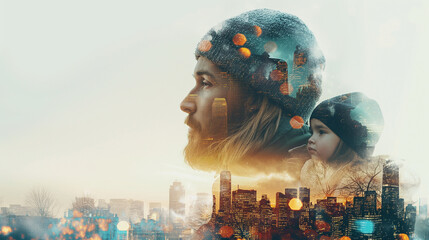 Within the area with a white background, the Double Exposure of the person, family, woman reflects a joyful expression. A livable world happy concept.