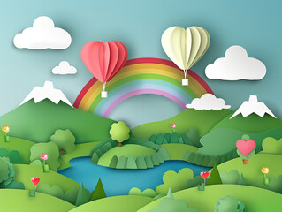 Fototapeta na wymiar Abstract of nature landscape view scene with cloud, pond, rainbow and heart shape hot air balloons float up on sky