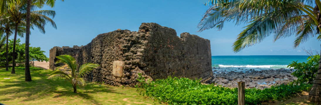 Fort ruins on a paradisiacal beach in São Tomé, São Tomé and Principe (STP), Central Africa