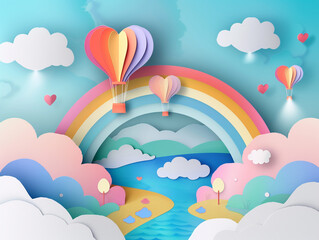 Abstract of nature landscape view scene with cloud, pond, rainbow and heart shape hot air balloons float up on sky