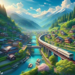 AI generated illustration of a train crossing bridge by mountain river near village - obrazy, fototapety, plakaty