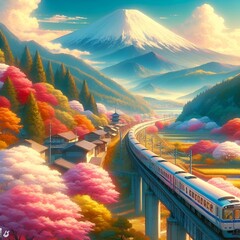 AI generated illustration of train crossing bridge near mountains and trees