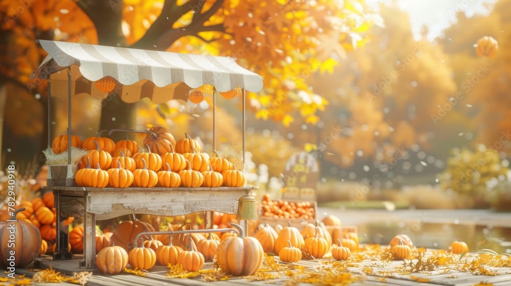 Poster this is a 3d rendering of an abstract autumn landscape scene consisting of a product stand and pumpk