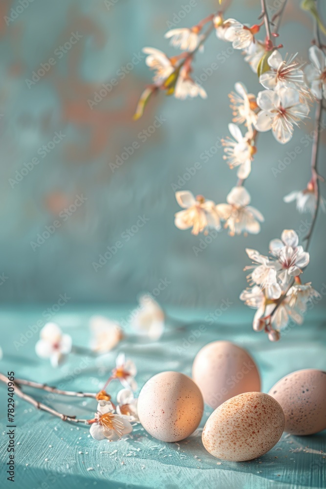 Poster three eggs arranged on a blue table. suitable for food and cooking concepts