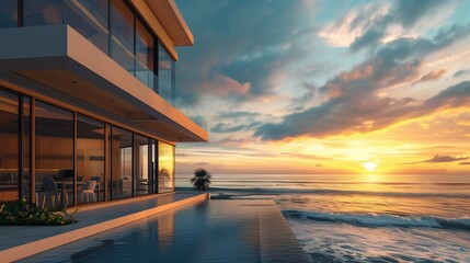 sunset in the ocean with a swimming pool and terrace furniture