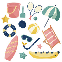 Summer icons set featuring various summer activities like swimming goggles, sun umbrella, ball and sports equipment like tennis racket. It is a vector illustration set.