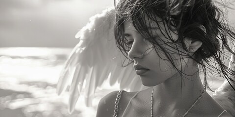 A woman wearing angel wings on her head. Perfect for angelic themed events