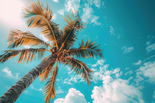 Low angle image of a palm tree against a blue sky with clouds. Tropical summer vacation, sun and summer concept. Sunny day, boho style. Space for copying text. Travel. Vacation. Weekend. Banner.