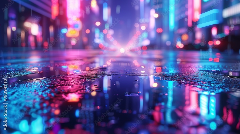 Aufkleber rendering of neon megacity with reflections from puddles on street heading to buildings. concept for