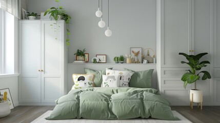 A modern and minimalist style bedroom, white cabinet door with light green pastel color bed linen, children's illustration design on the head of the soft sofa.