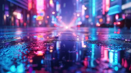 Fensteraufkleber Rendering of neon megacity with reflections from puddles on street heading to buildings. Concept for night life, CBD, cyber punk theme, tech background. © Zaleman