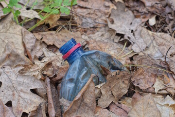one blue plastic bottle lies on gray dry grass and fallen leaves on nature