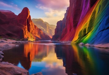 AI generated illustration of a Rainbow cascading on riverbank under a cloudy sky - obrazy, fototapety, plakaty