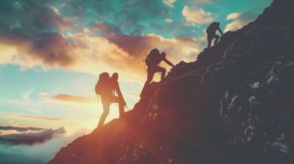 silhouette of Teamwork of three hiker helping each other on top of mountain climbing team. - obrazy, fototapety, plakaty