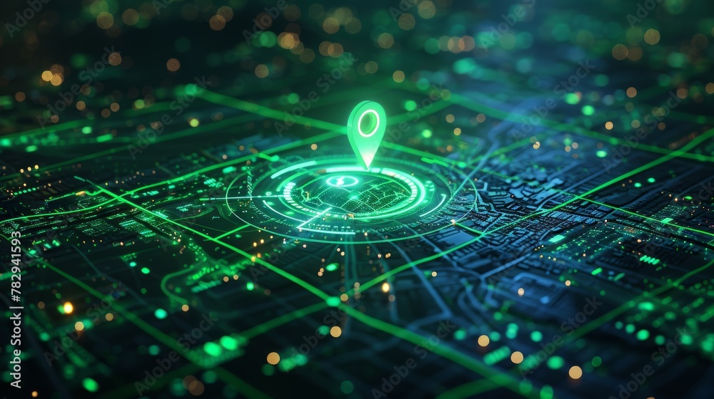 Poster interface of future spies program. gps tracking, scanning software, green marker on map. satellite v