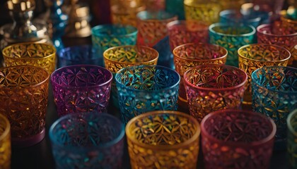rows of glasses on display with colored glass cups sitting on a table