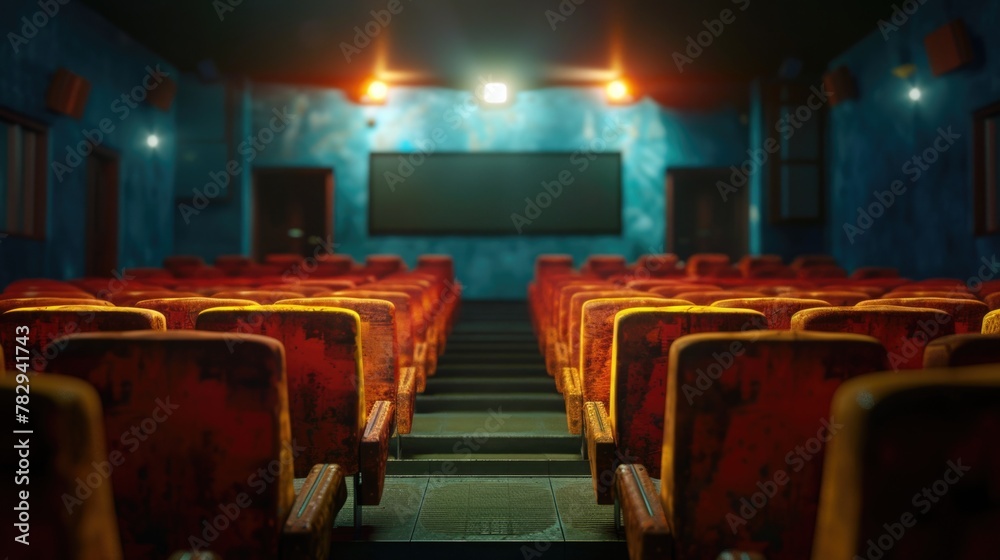 Poster a vacant theater with red seats and a projector screen. suitable for entertainment or interior desig