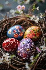 Eggs in nest with delicate white flowers, suitable for Easter or spring-themed designs