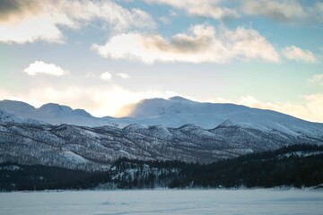 Winter mountainous landscape in Hallbacken, Laisvall, Sweden