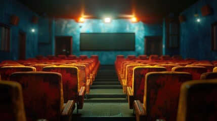 A vacant theater with red seats and a projector screen. Suitable for entertainment or interior design concepts