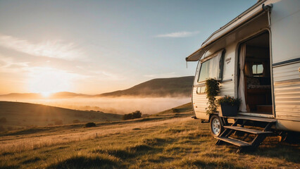 AI-generated illustration of Camping trailer at sunset with a foggy background - obrazy, fototapety, plakaty