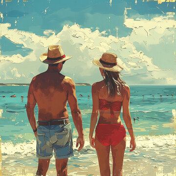 Summer holiday, young couple enjoy a summer holiday on the sunny strand lapped by blue waves , oil painted illustration