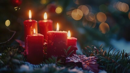 Group of red candles on snow, perfect for winter-themed designs