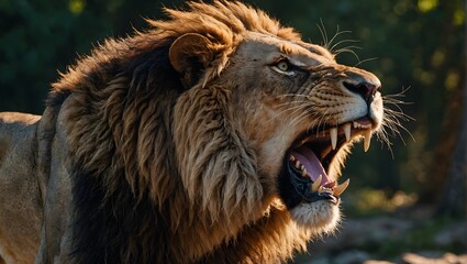  roaring lion captured mid-roar with its mane flowing and teeth exposed