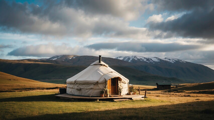 AI-generated illustration of a Yurt on a grass field under a cloudy sky - obrazy, fototapety, plakaty