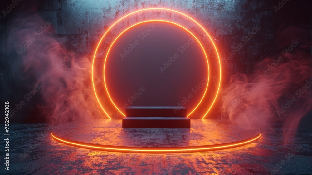 Poster an abstract background with light and a glowing podium. futuristic hi-tech concept for black friday.