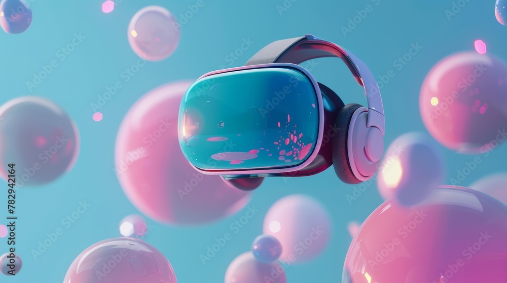 Poster vr metaverse concept illustration. 3d virtual reality headset with floating objects.
