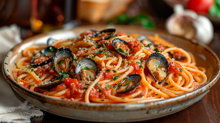 plate of spaghetti vongole with shellfish on the table