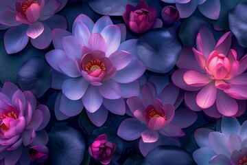 Editorial photography inspired seamless pattern of lotus flowers, focusing on the vibrant pink and purple hues, embodying the essence of nature