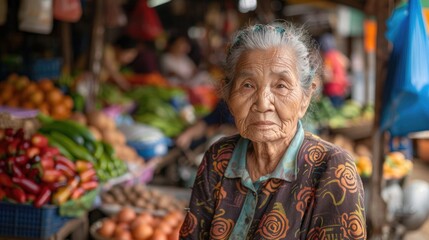 An old woman standing in front of a fruit stand. Perfect for market and healthy eating concepts