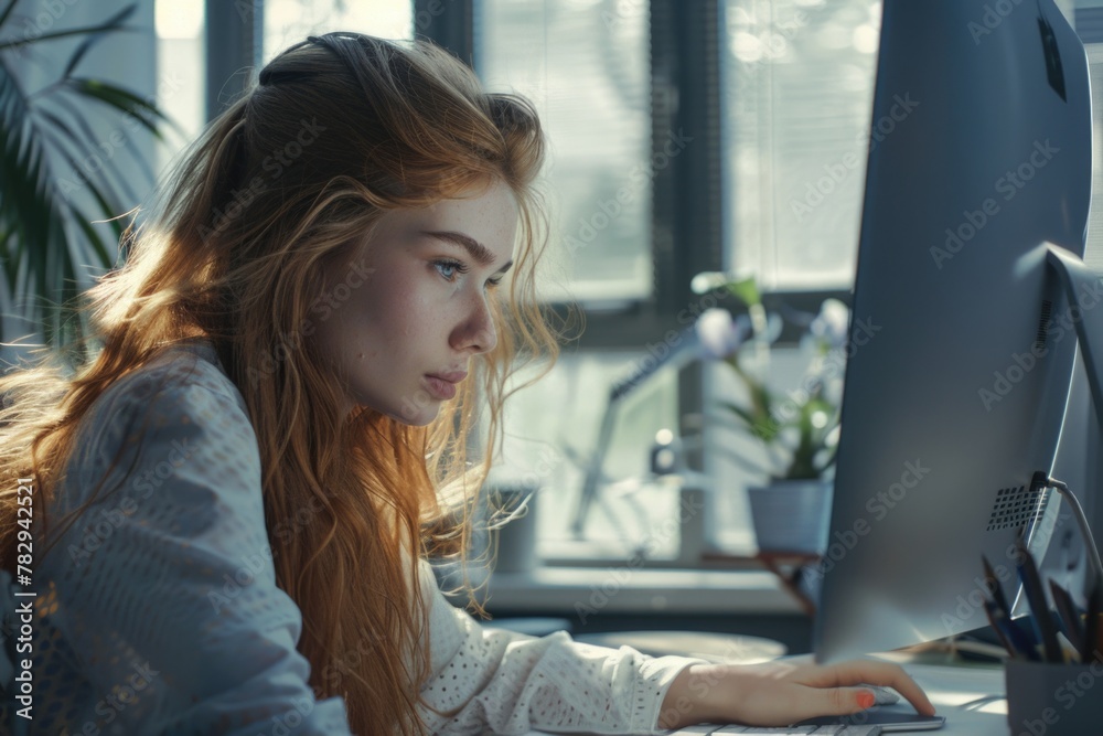 Aufkleber a woman sitting at a desk using a computer. suitable for office and technology concepts