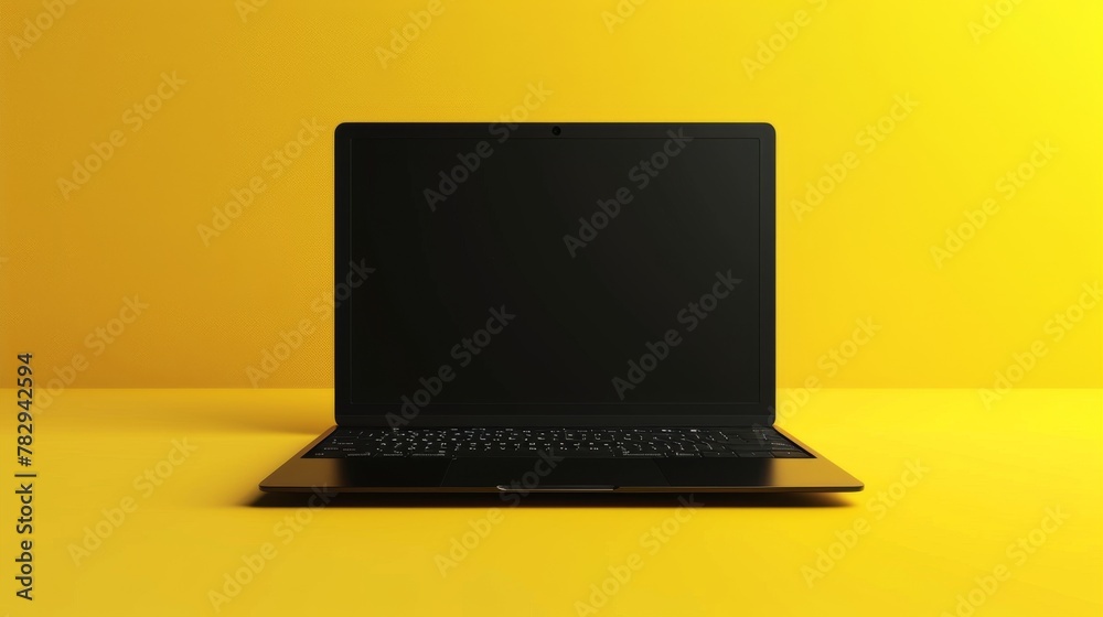 Poster this is a realistic 3d illustration of a black laptop with a shadow isolated on a yellow background.