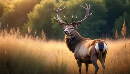  majestic stag standing amidst tall, wild grasses - obrazy, fototapety, plakaty
