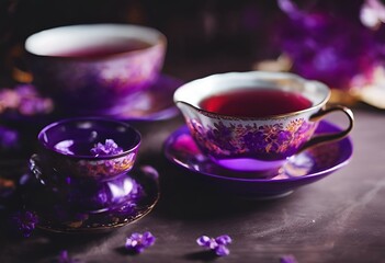Obraz na płótnie Canvas AI-generated illustration of an Elegant tea set on a table with purple flowers and an ornate teacup
