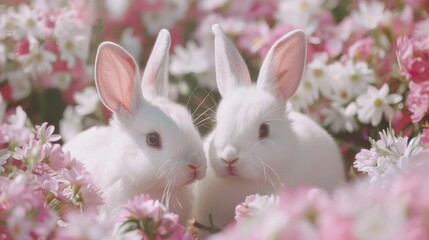 Fototapeta premium Two white rabbits sitting in a field of flowers. Suitable for nature and animal themes