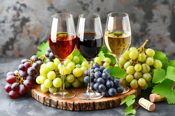 Still life of wine tasting selection with red, rosé and white wine in glasses surrounded by fresh grapes on wood desk agains dark stone backdrop - 782942714