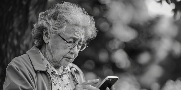 An Older Woman Looking At Her Cell Phone. Suitable For Technology Concepts