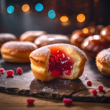 AI generated illustration of jelly-filled donuts on a wooden table